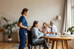 Older adult using a tablet beside a caregiver in a bright assisted living room.